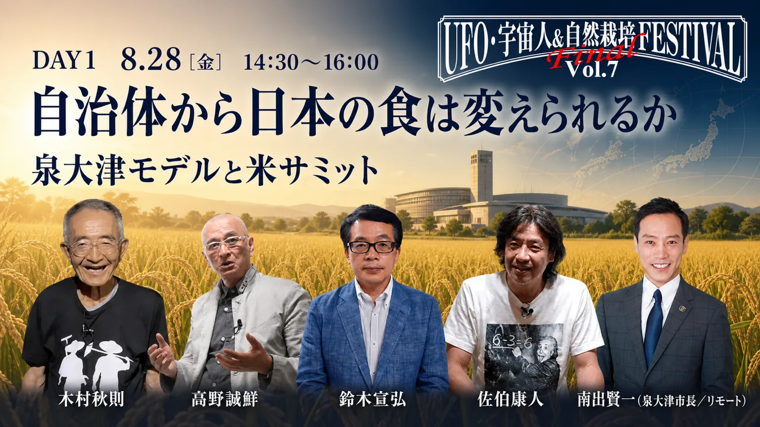 DAY1 SESSION3 14:30〜16:00 自治体から日本の食は変えられるか　泉大津モデルと米サミット 登壇：南出賢一（泉大津市長／リモート）× 鈴木宣弘 × 木村秋則 × 高野誠鮮 × 佐伯康人